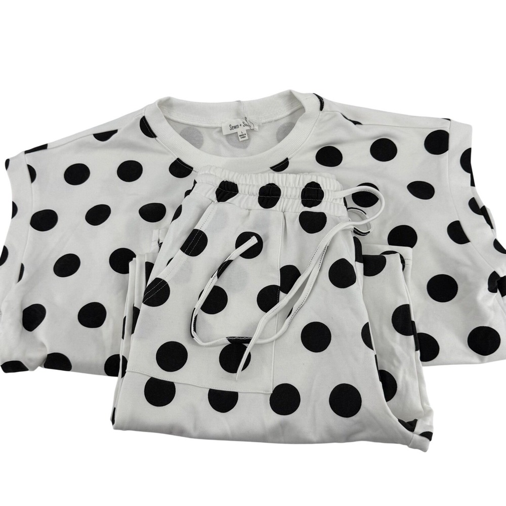 Sewn‎ + Seen Women White Black Polka Dot French Terry Top and Pants Set Large
